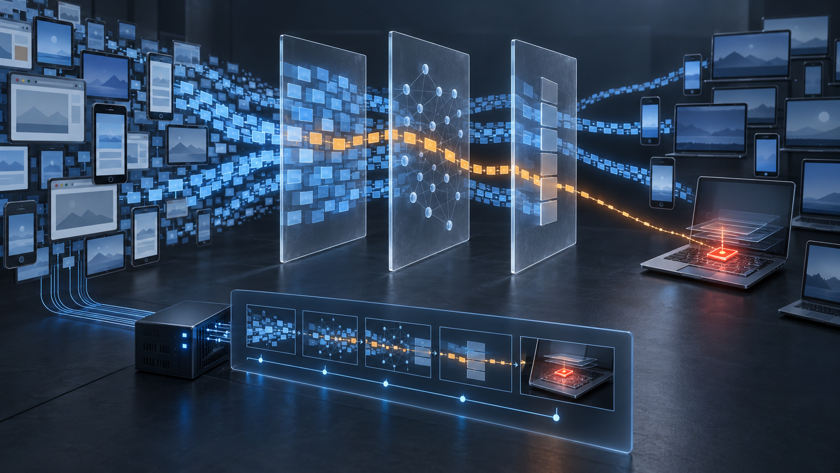 Thousands of blue ad packets cross transparent auction and identity-matching planes while one amber route selects a single laptop and deposits a red implant, with a separate recorder preserving the sequence