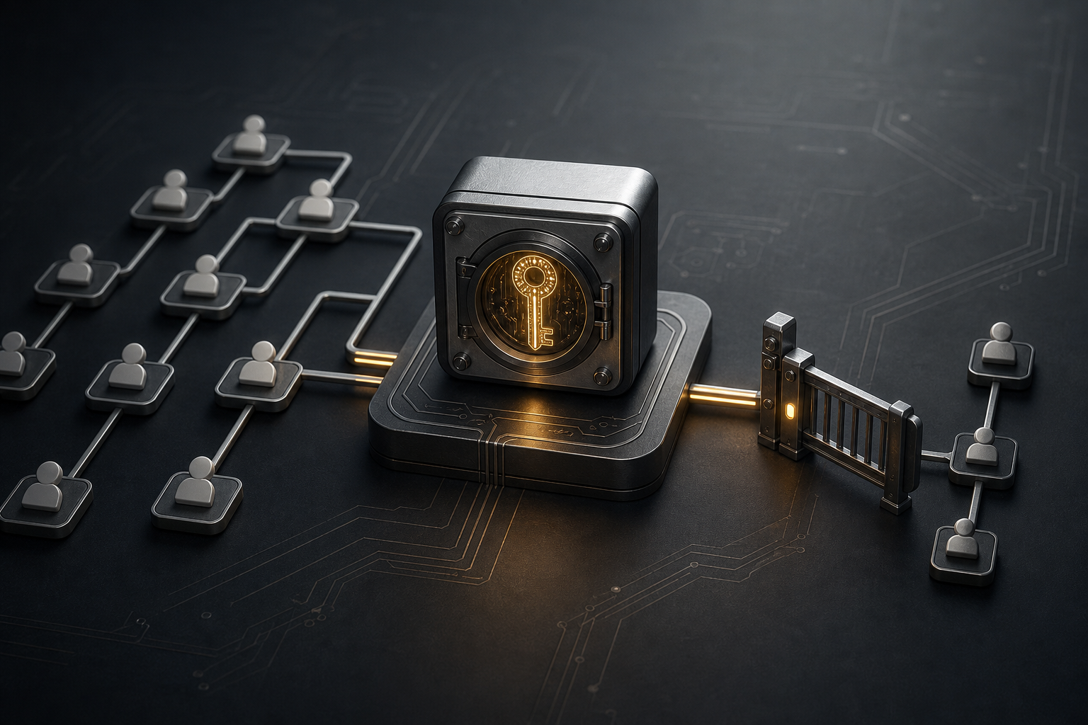Technical illustration of a cryptographic key vault connected to a directory graph with access narrowed through a mechanical permission gate