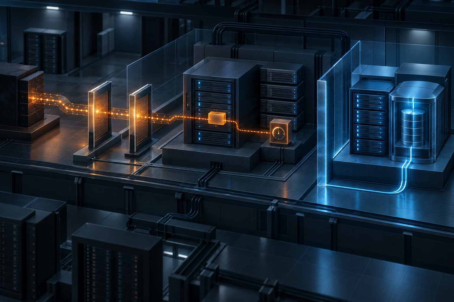 An amber intrusion path crosses two security gates into a backup controller and starts an unauthorized compute process, while a clean blue recovery vault remains isolated behind a separate boundary