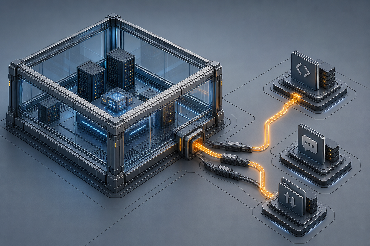 An isolated AI evaluation chamber with a controlled network gateway separating a simulated cyber range from public services