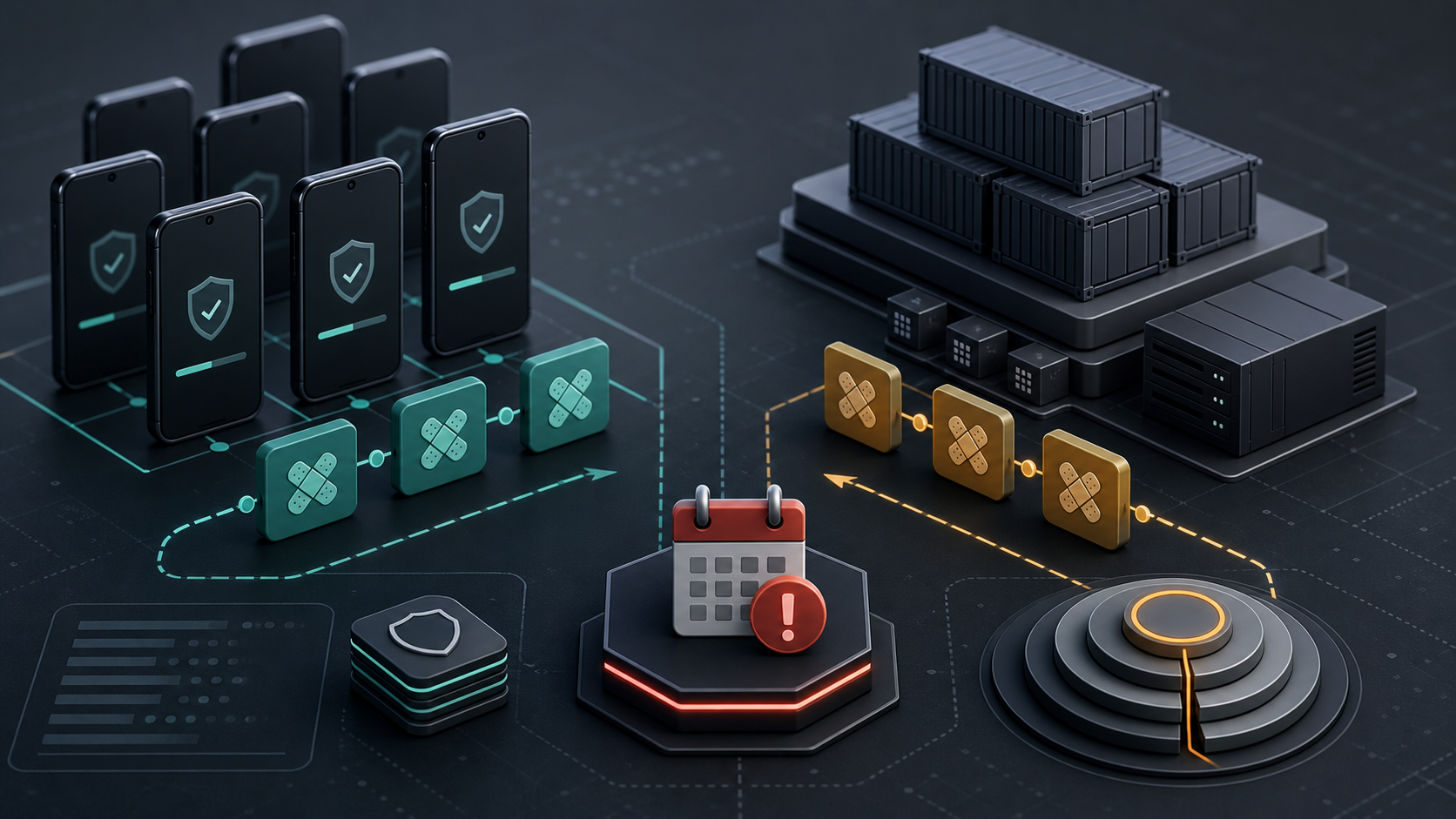 Mobile device patch lanes and container host patch lanes converging on a vulnerability deadline checkpoint in a dark operations diagram