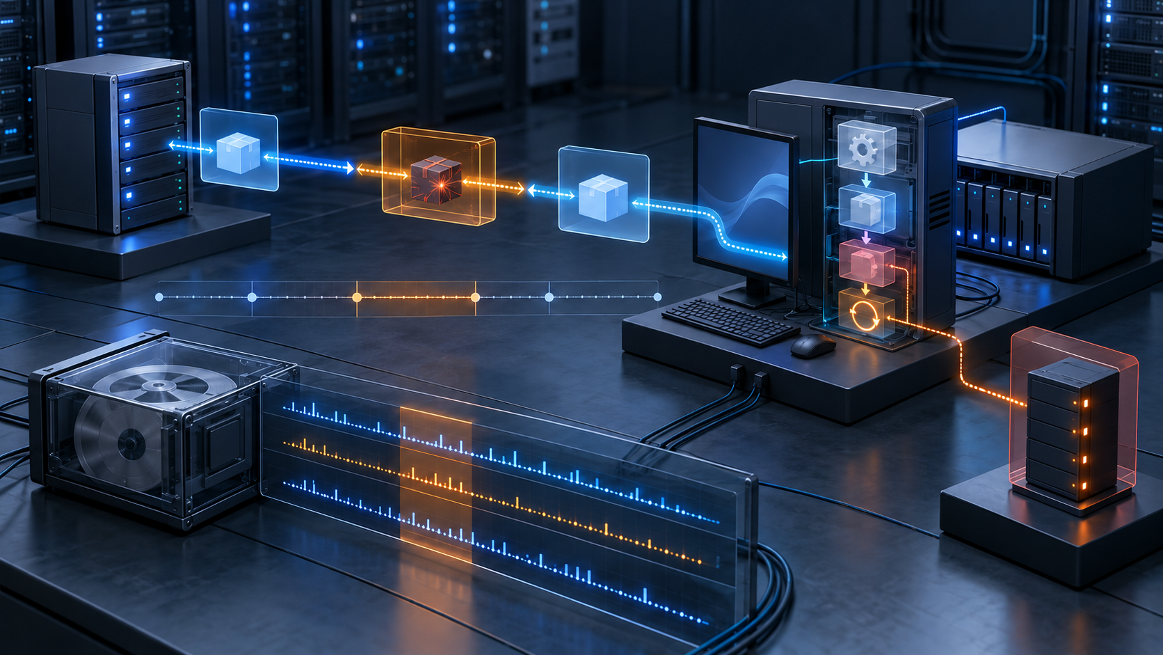 A trusted blue software update route briefly crosses an amber tampering window into a package chamber before returning to normal, while an endpoint cutaway shows persistence and a separate recorder preserves historical telemetry