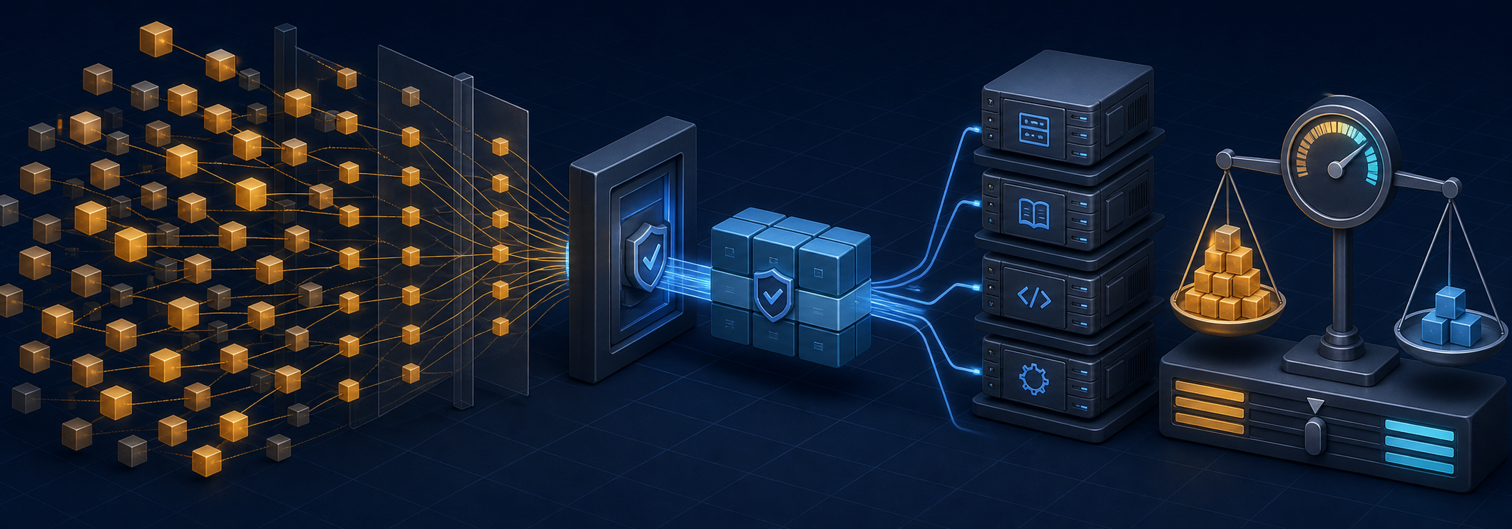 A large amber software dependency lattice passing through a verified blue update gate toward several self-managed collaboration and developer servers beside a risk-assessment instrument