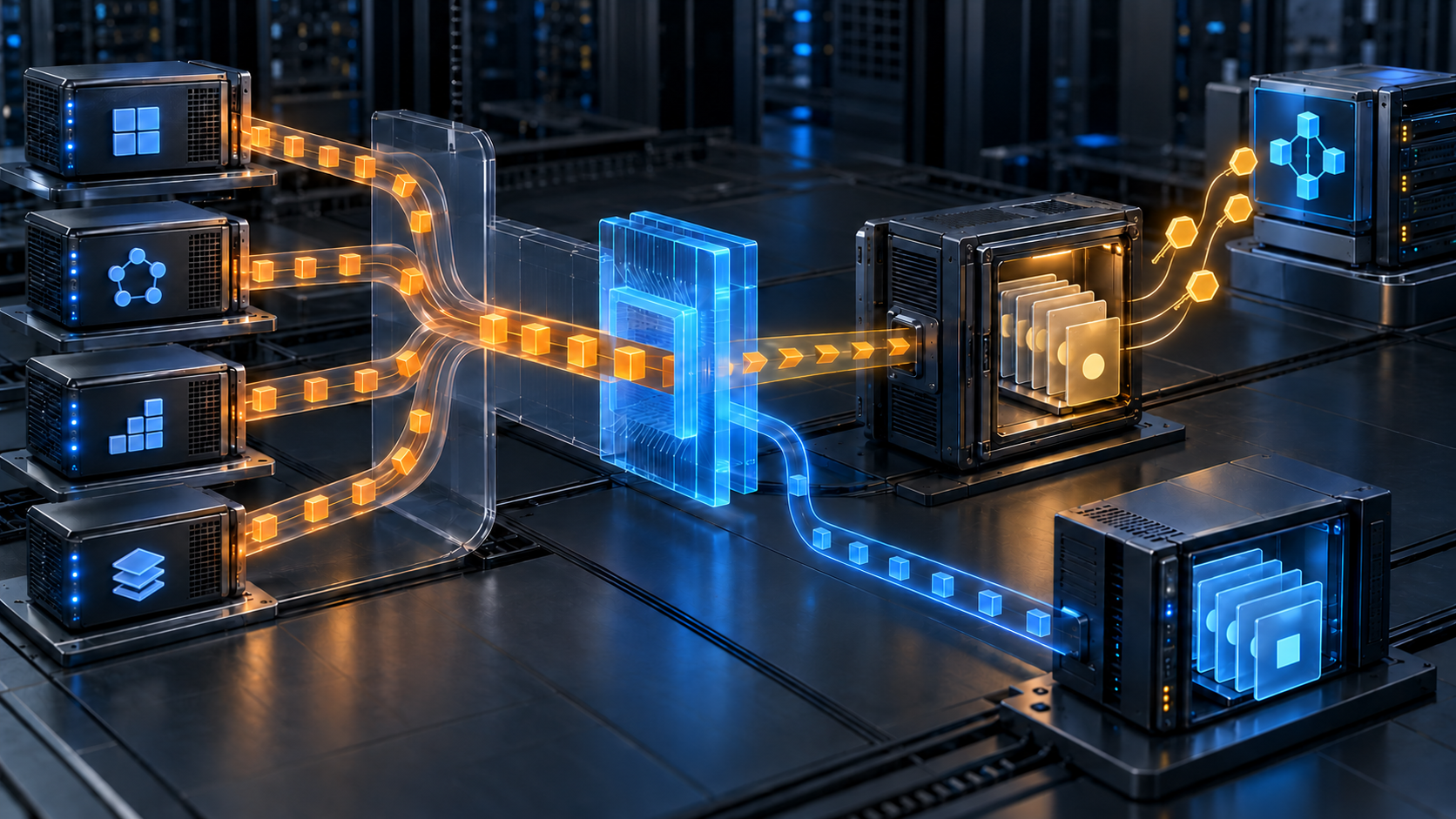 Amber request paths from several unbranded application servers cross a shared routing plane and blue normalization gate into blank configuration cards and credential tokens, while a separate blue recorder preserves the requests