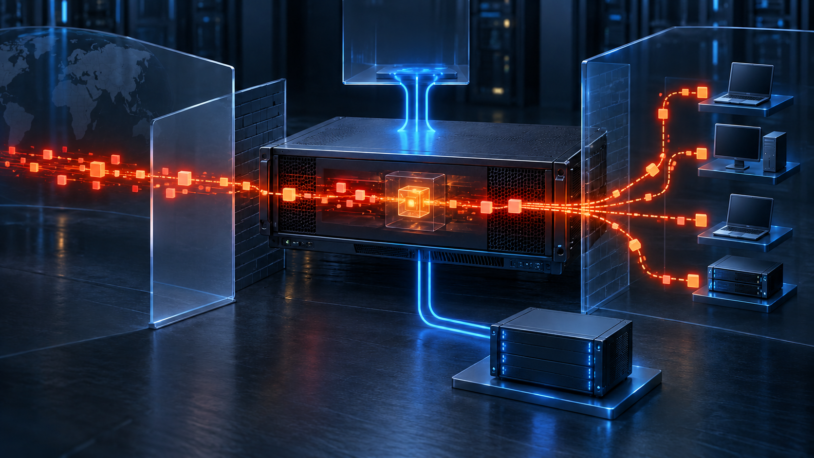 An amber intrusion stream crosses glass security planes into an unbranded remote-support appliance and fans toward managed endpoints, while a separate blue recorder preserves off-appliance evidence