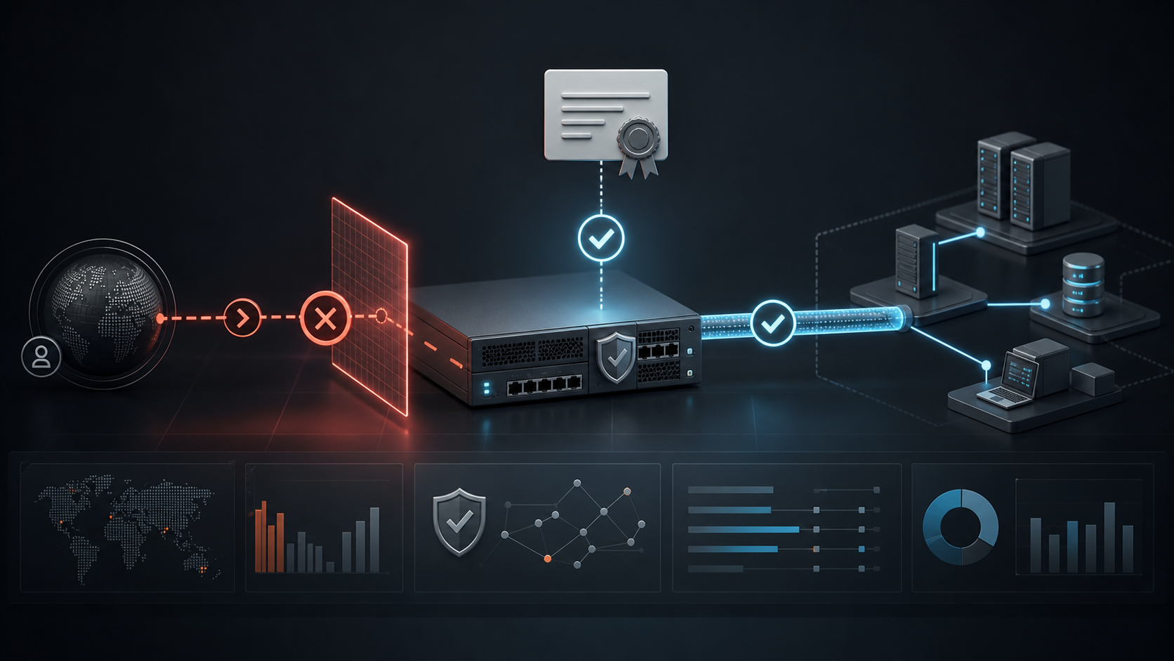 Abstract VPN gateway blocking an unauthenticated tunnel while allowing certificate-checked internal access