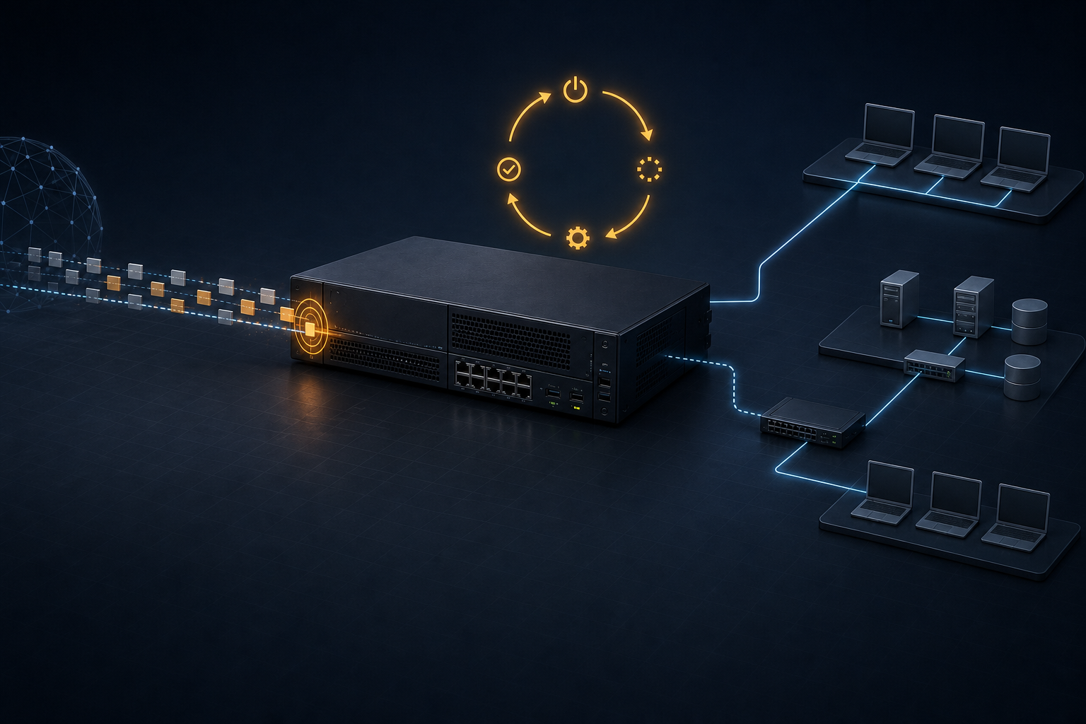 A remote request path reaching an unbranded VPN firewall appliance in a controlled restart cycle while internal systems and a redundant access path remain separated