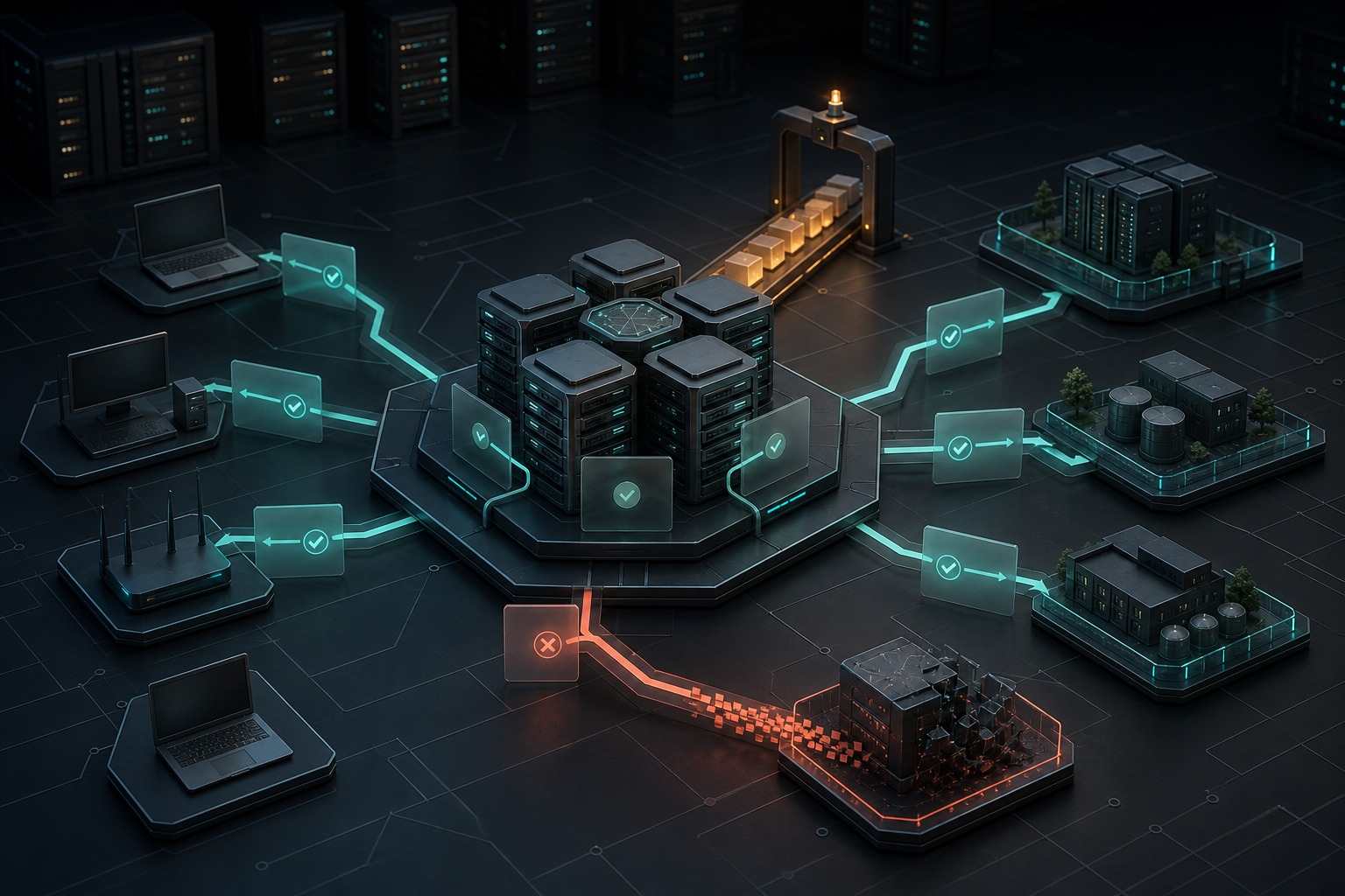 Technical illustration of a clustered network identity policy engine isolating a blocked endpoint while a staged maintenance path approaches
