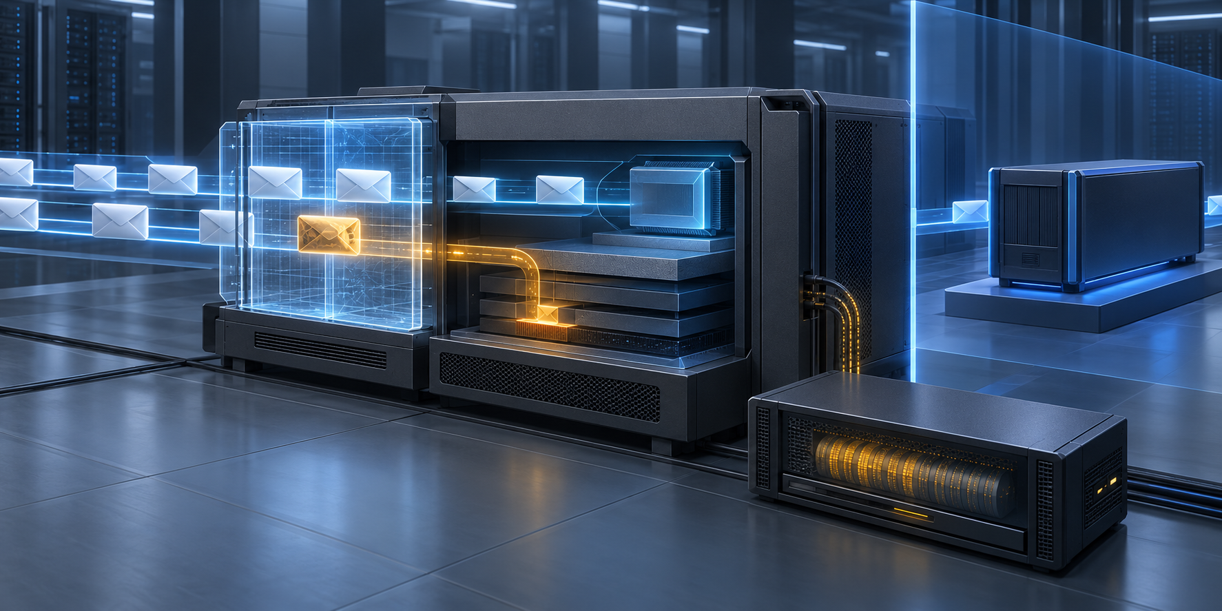 A crafted amber mail attachment passes through a transparent file-reputation scanner and bends into the protected operating-system layer of an unbranded email gateway, while a separate recorder and clean replacement node remain outside the compromise path