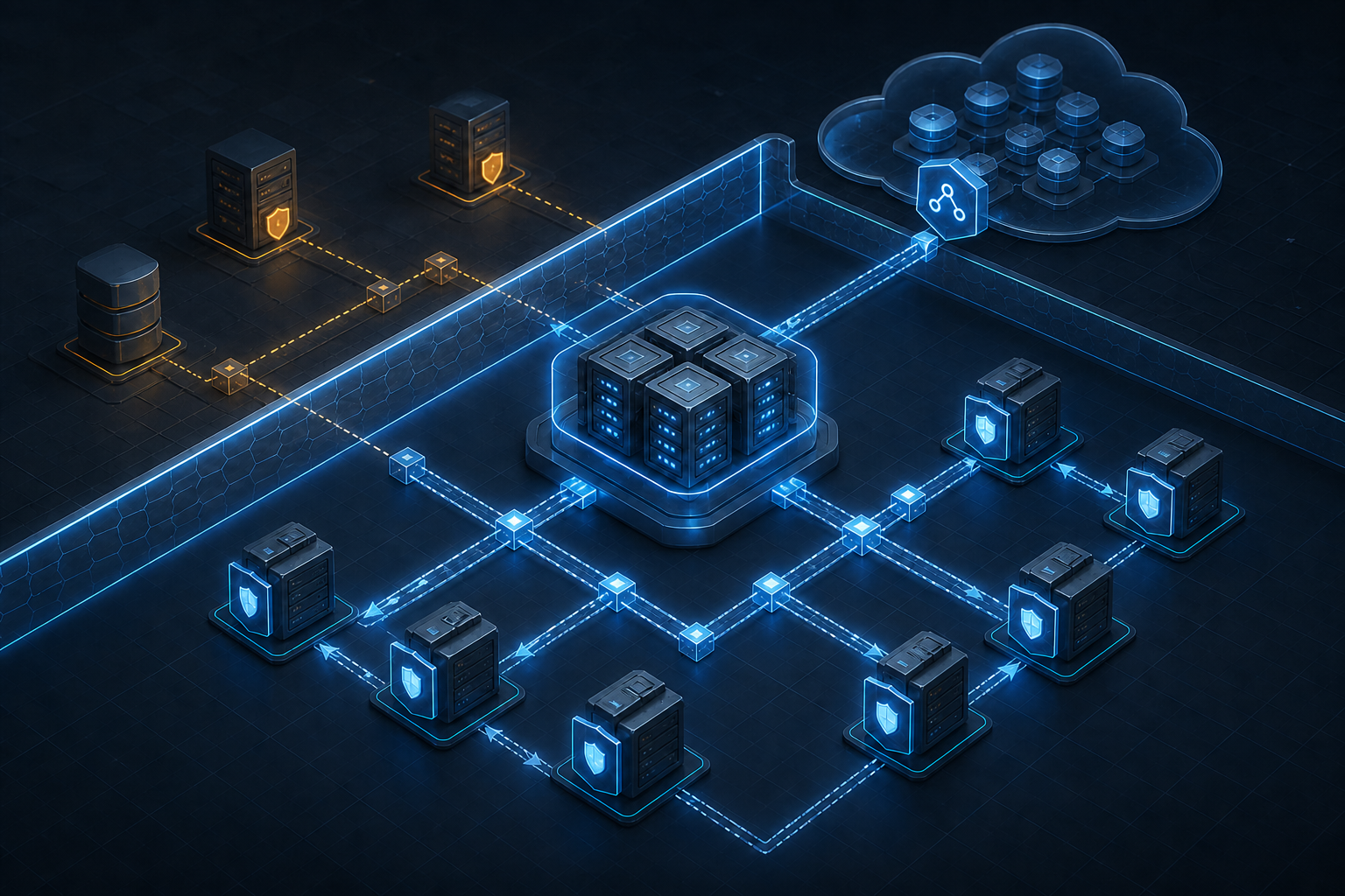 A neutral workload security topology with a central management cluster, distributed host agents, and a cloud connector crossing one blue update boundary while older amber components remain outside