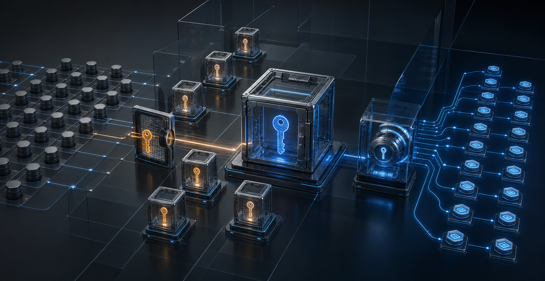 An amber tenant-zone key passes through a database comparison gate toward a large blue system-zone key vault, with a sealed signing module feeding many downstream access-token paths