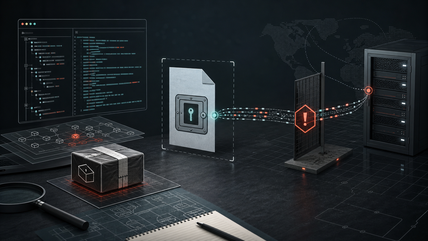 Abstract terminal, package artifact, credential file, outbound network path, and server rack warning gate for AI developer tooling supply-chain risk