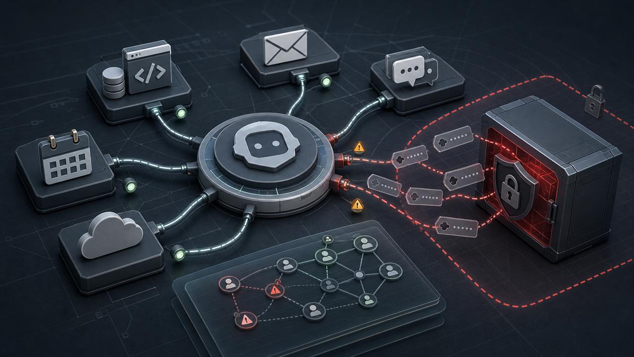 An AI connector hub routing app tokens into a quarantine vault for revocation and review