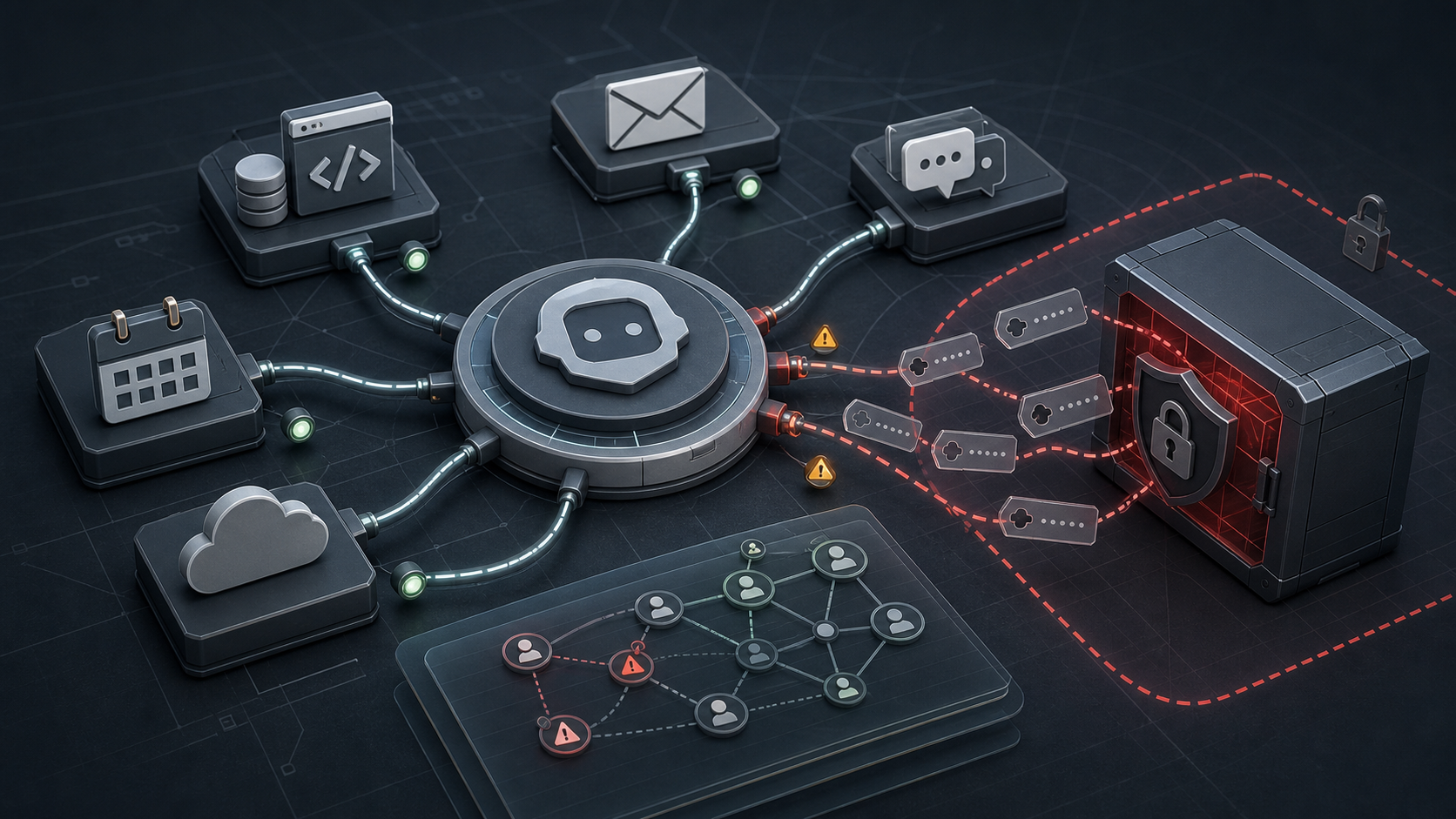 An AI connector hub routing app tokens into a quarantine vault for revocation and review