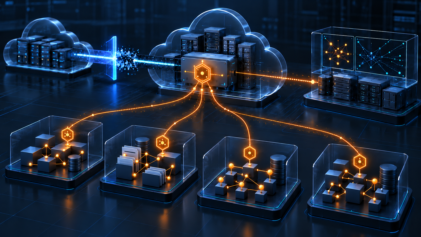 An amber application credential branches from a cloud backup control plane into isolated mail, file, directory, and collaboration tenants while a blue barrier cuts the original connection and a separate recorder preserves evidence
