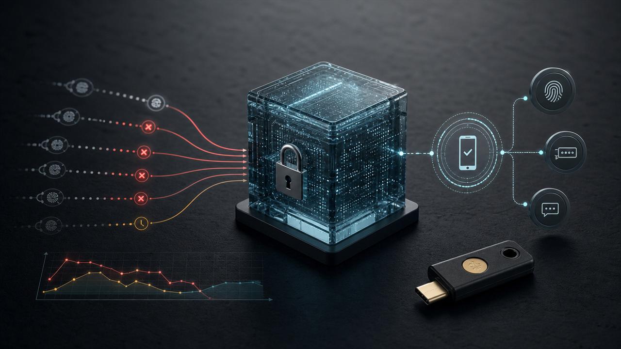 An encrypted password vault block with failed login attempts, device approval signals, and a hardware security key on a dark technical surface