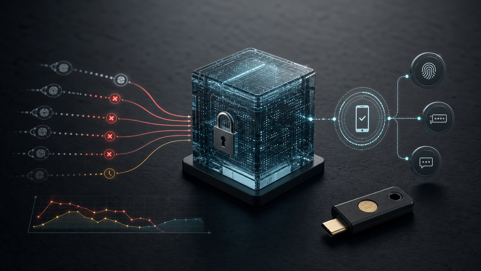 An encrypted password vault block with failed login attempts, device approval signals, and a hardware security key on a dark technical surface
