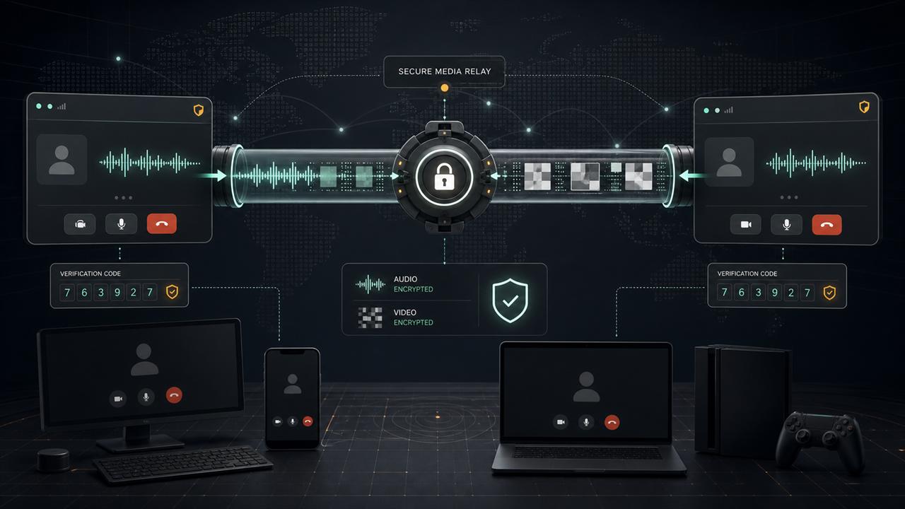 Encrypted voice and video packets flowing through a secure media relay between devices