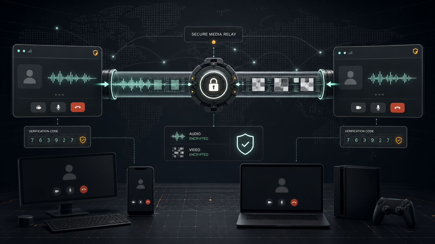 Encrypted voice and video packets flowing through a secure media relay between devices