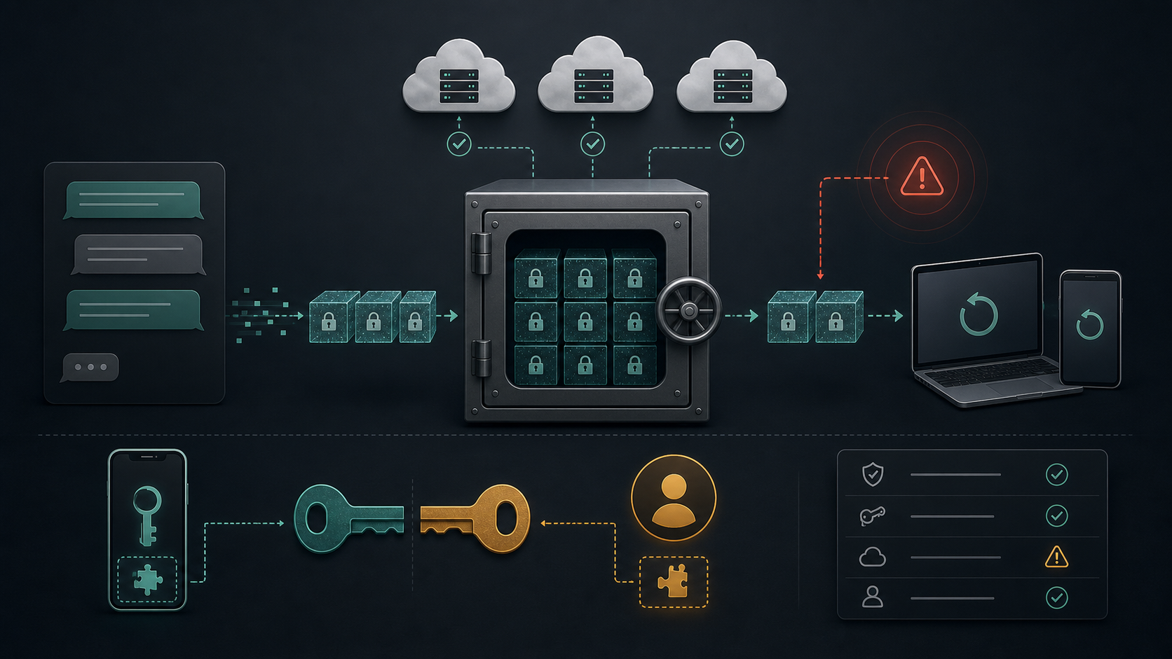 Encrypted chat archive vault with cloud backup paths, restore devices, recovery keys, and audit status markers