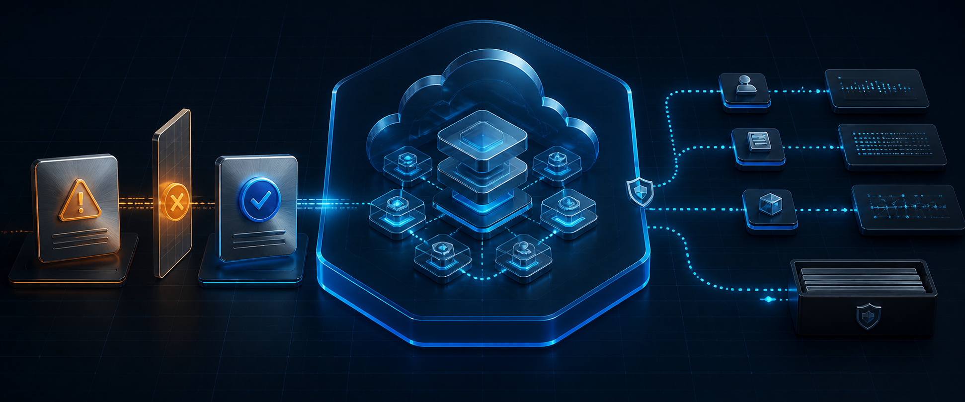 An amber vulnerability record passes through a correction gate into a blue verified record beside a sealed cloud identity control plane, while tenant sign-in, audit, application, and archive evidence remain on a separate path