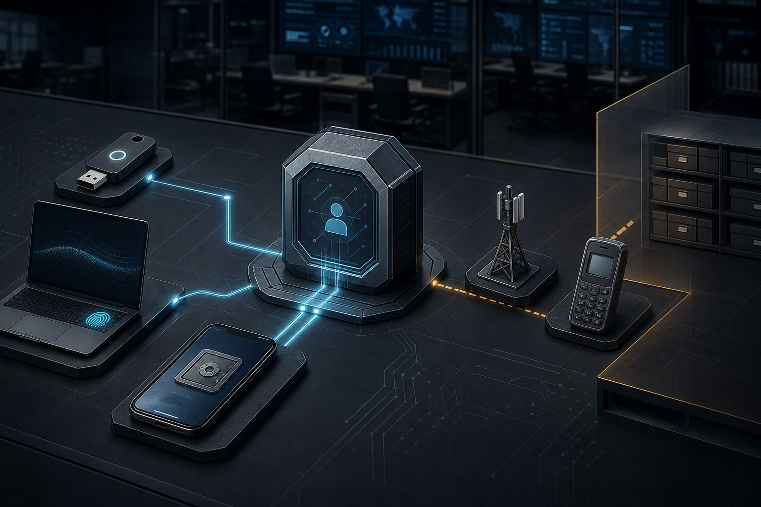 An enterprise identity gateway routing passkeys and device credentials away from an older telecom authentication path
