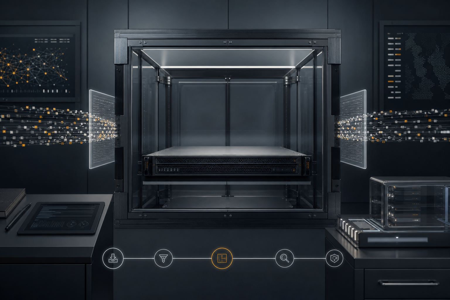 A malware-analysis appliance isolated inside a technical evidence containment bay