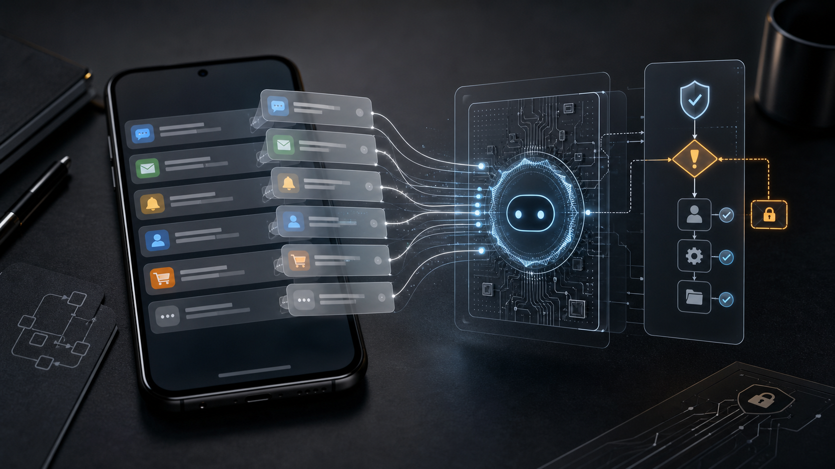 Abstract mobile notification stream feeding an AI assistant decision engine with permission checkpoints and warning signals