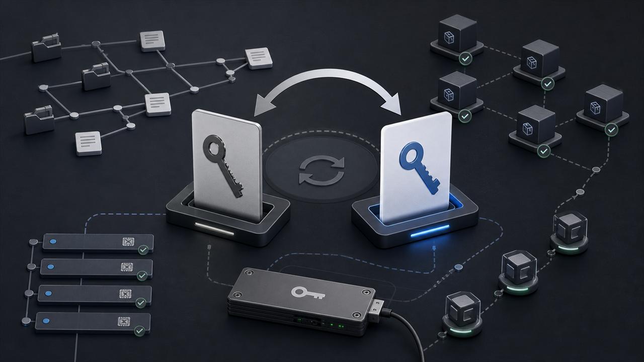 A signing key being rotated between two secure key slots with repository and package nodes around it