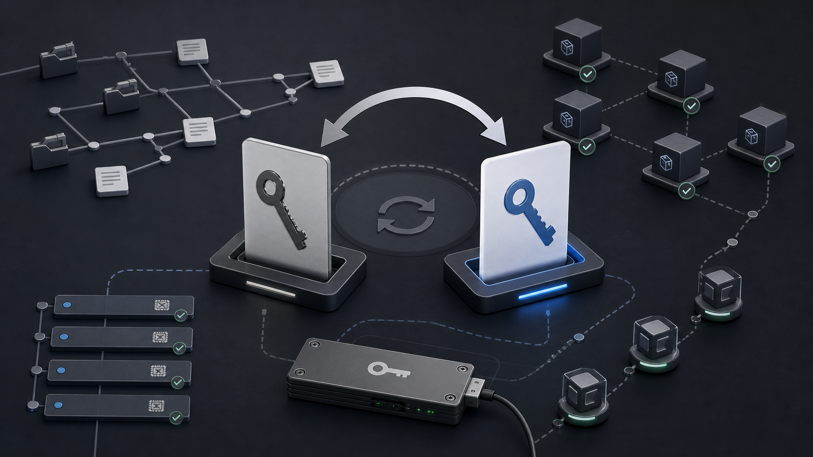A signing key being rotated between two secure key slots with repository and package nodes around it