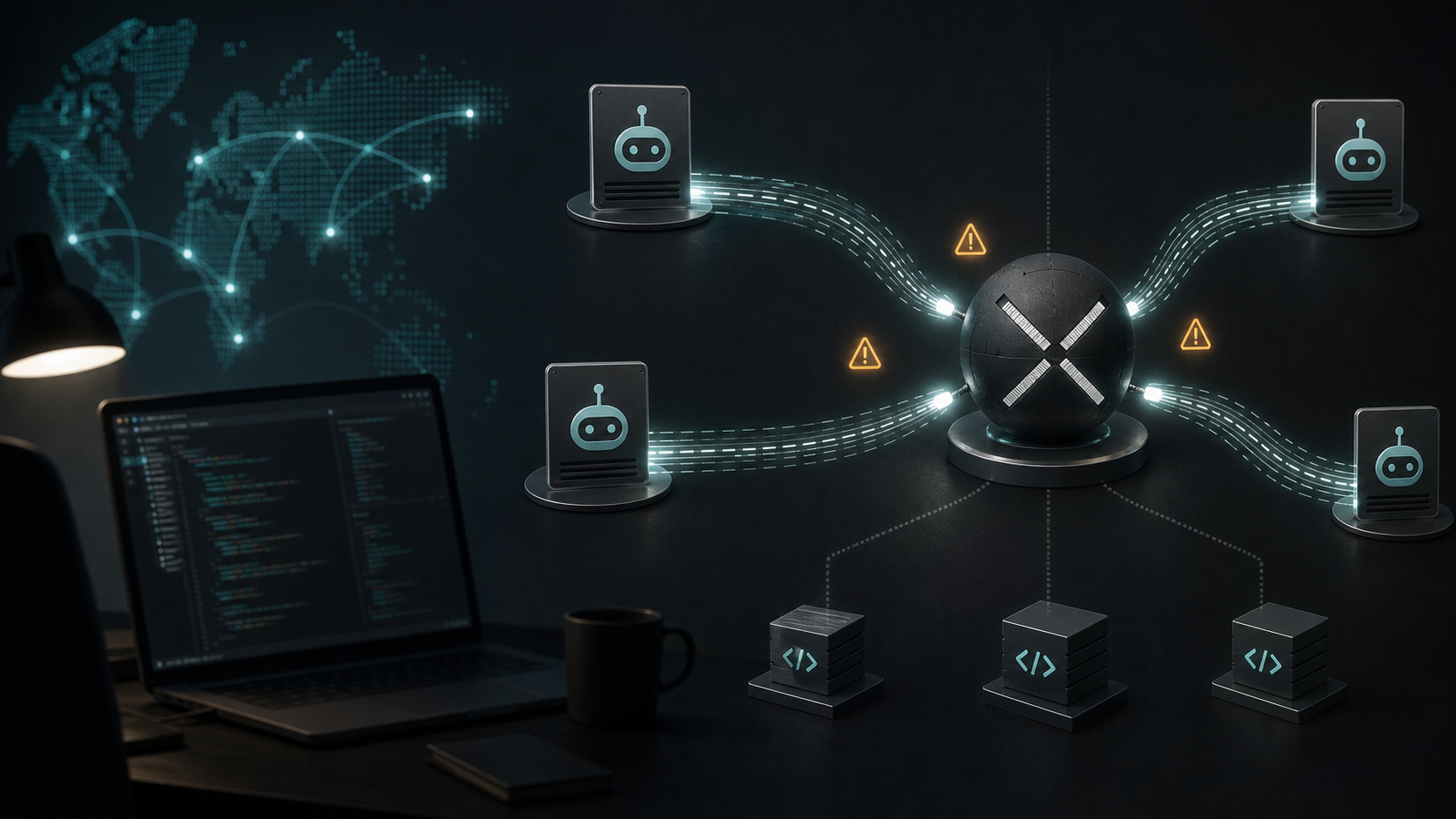 A disabled command node with developer workstations and repository systems connected through controlled network paths