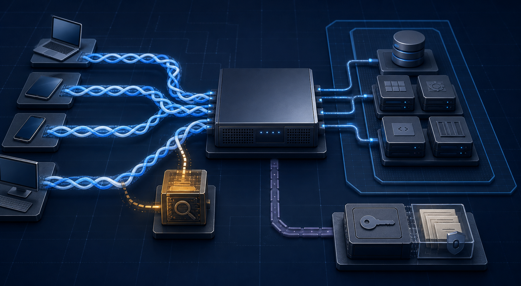 An unbranded cloud load balancer receiving braided hybrid key-exchange paths from clients while an amber compatibility instrument tests one path and certificate keys remain separate