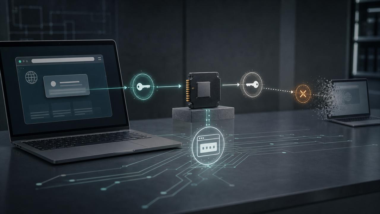 A browser session token bound to a hardware security chip while a copied token fails on another device