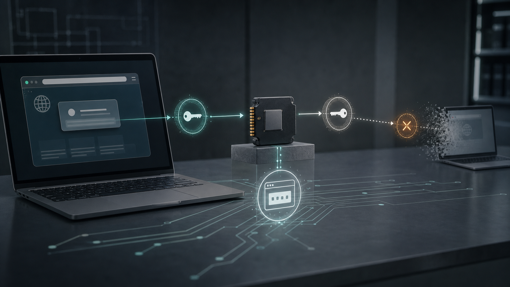 A browser session token bound to a hardware security chip while a copied token fails on another device