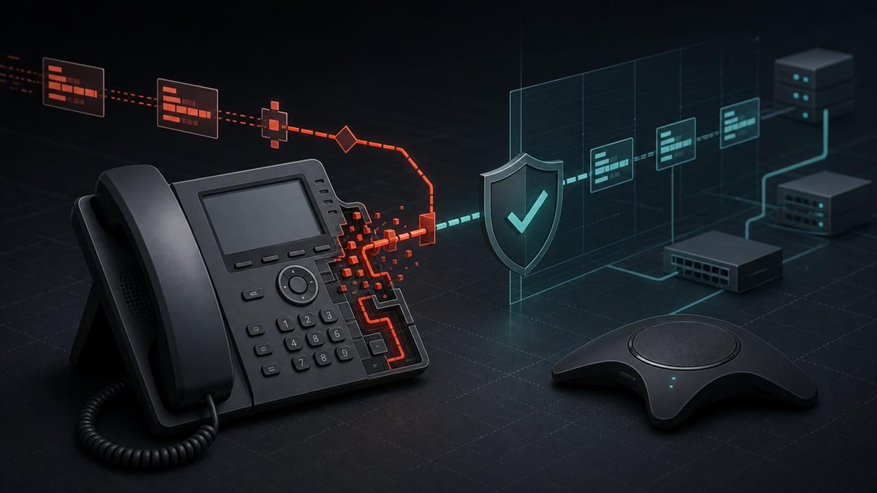 Abstract VoIP desk phone and conference speakerphone with malformed protocol flow, firmware patch boundary, and protected network segment