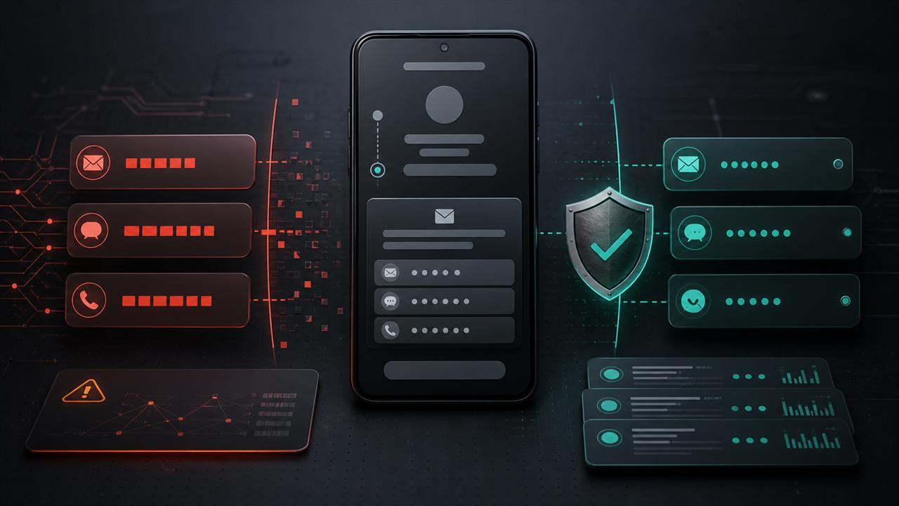 Abstract mobile account recovery flow with exposed contact hints, masked reset options, a patch shield, and audit log cards