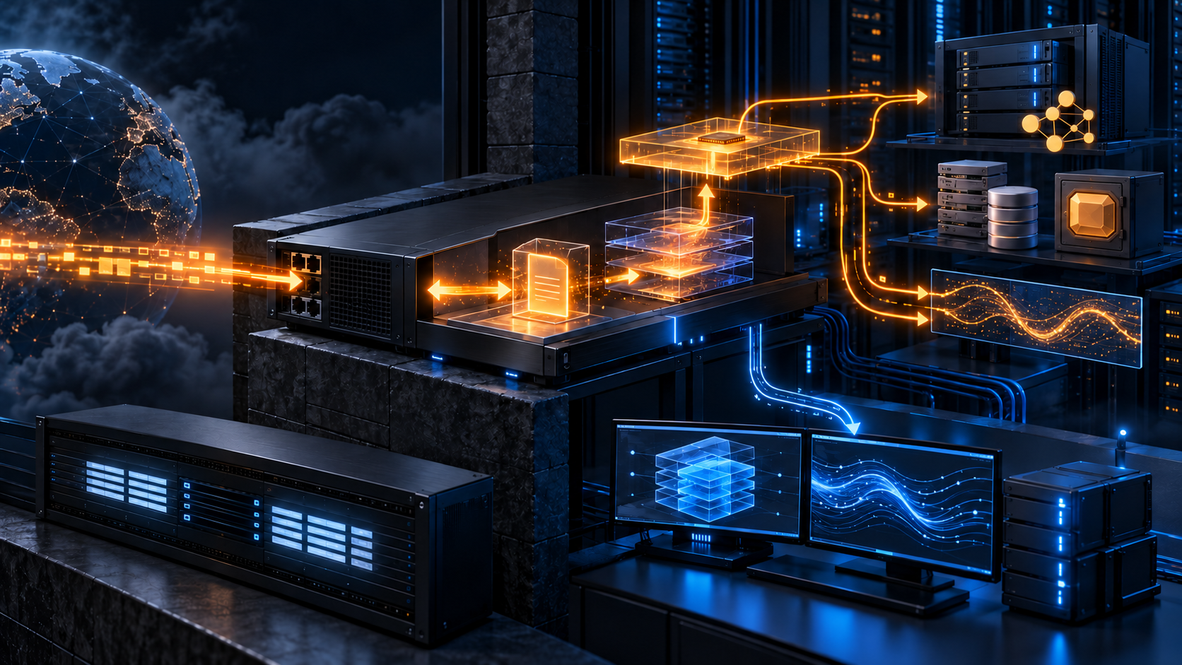 An amber exploit path crosses an unbranded VPN gateway, a transient file chamber, and layered memory planes before branching toward directory data, while a separate blue recorder preserves volatile and network evidence