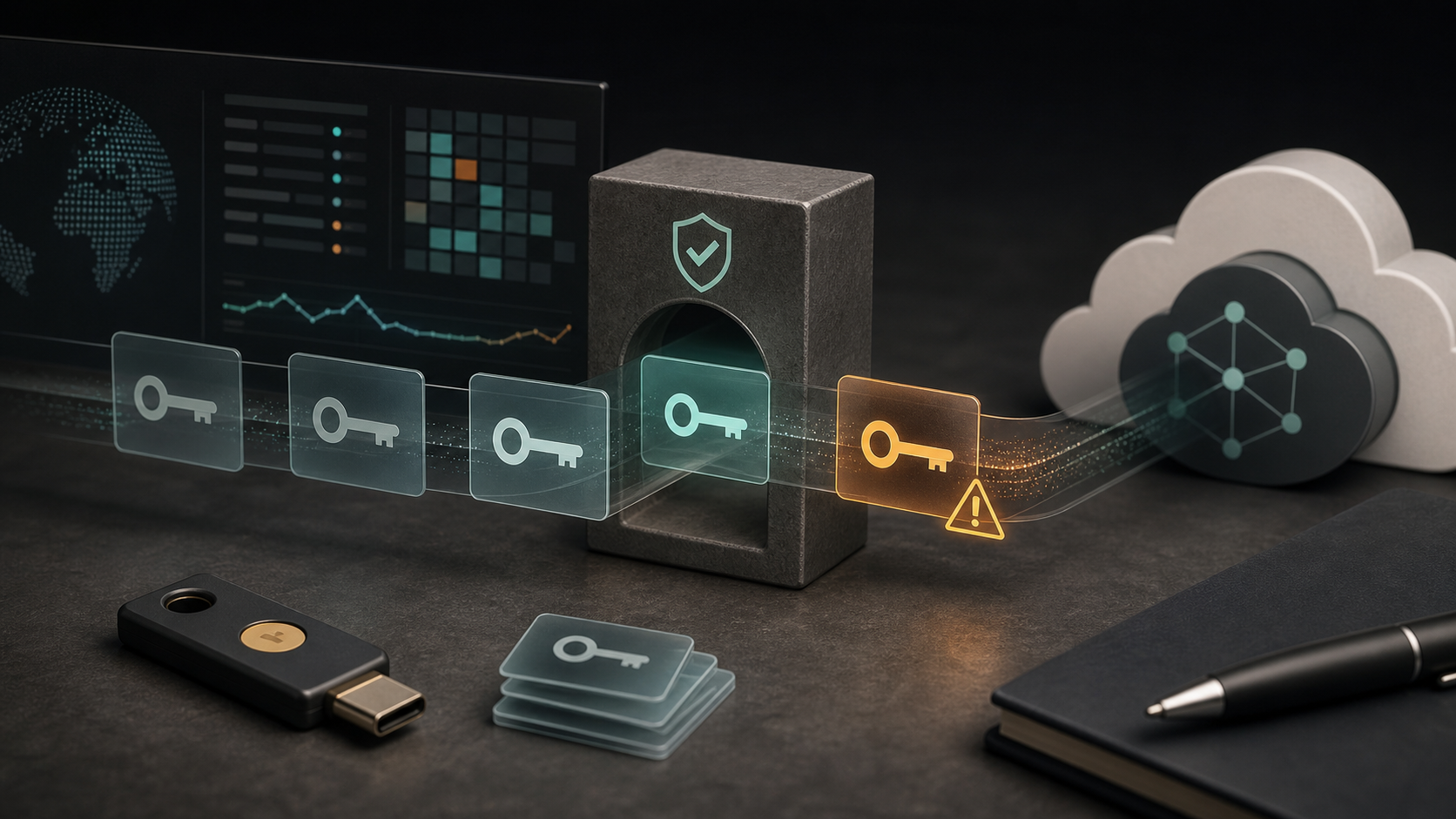 Abstract OAuth token cards passing through a cloud identity gateway with one token flagged for review
