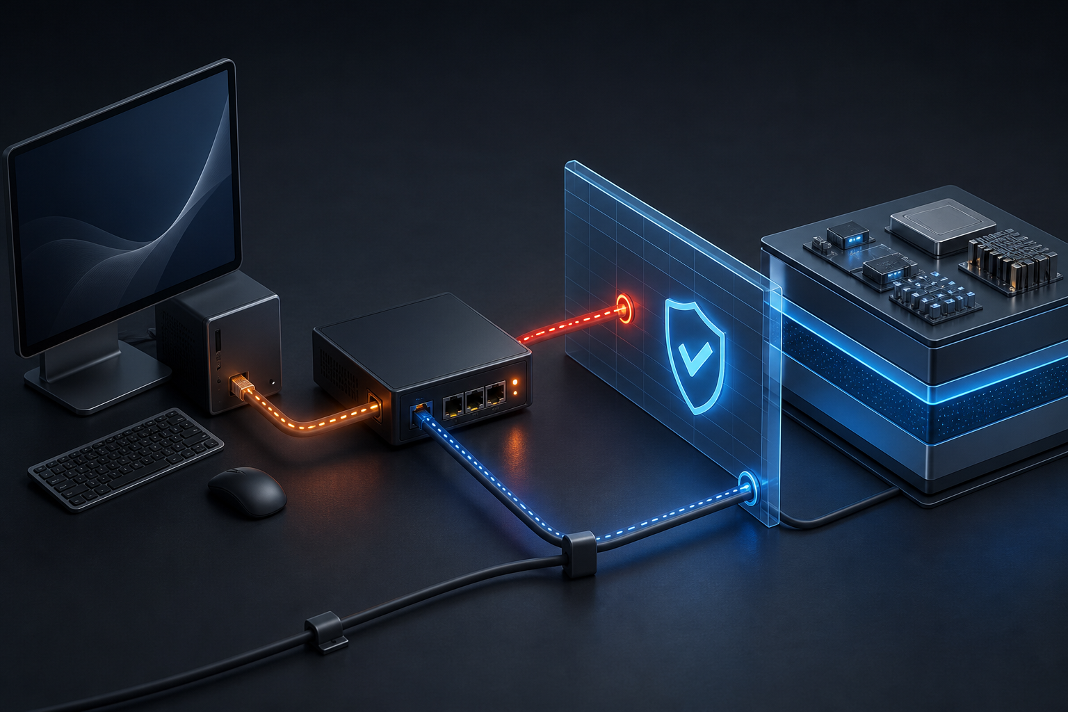 An unbranded workstation and remote-control gateway with an exposed path stopped at a blue update boundary before a protected system layer