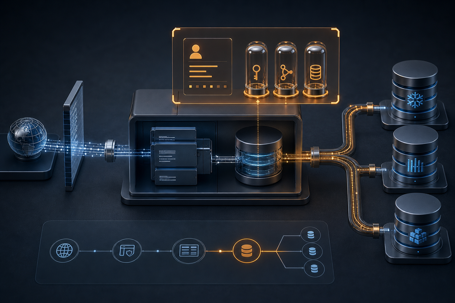 An exposed analytics application path leading through an application database to several connected data stores while administrator access and credentials are isolated for review