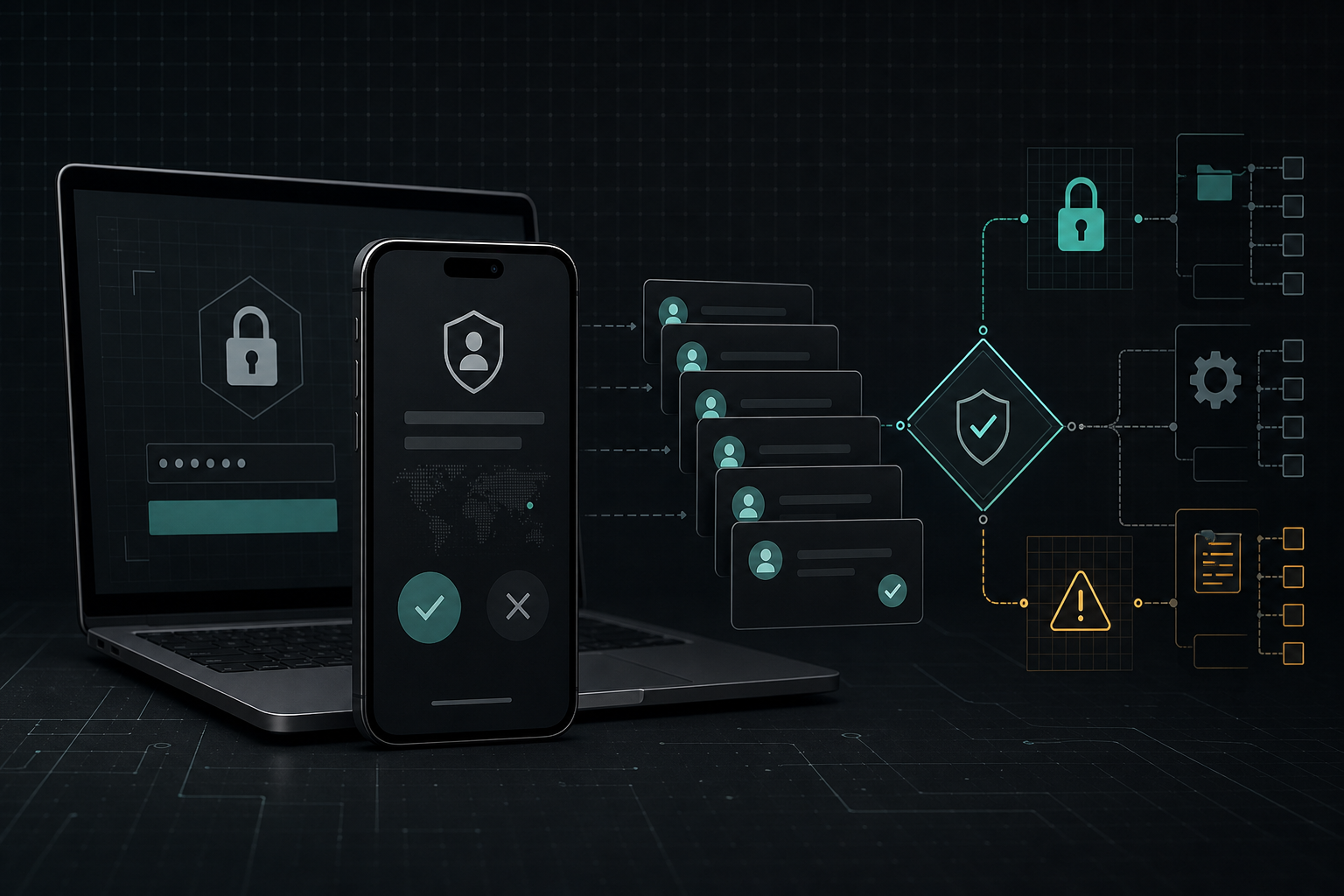 Technical editorial image showing a phone authentication prompt, repeated approval cards, a laptop login screen, and a security policy decision point