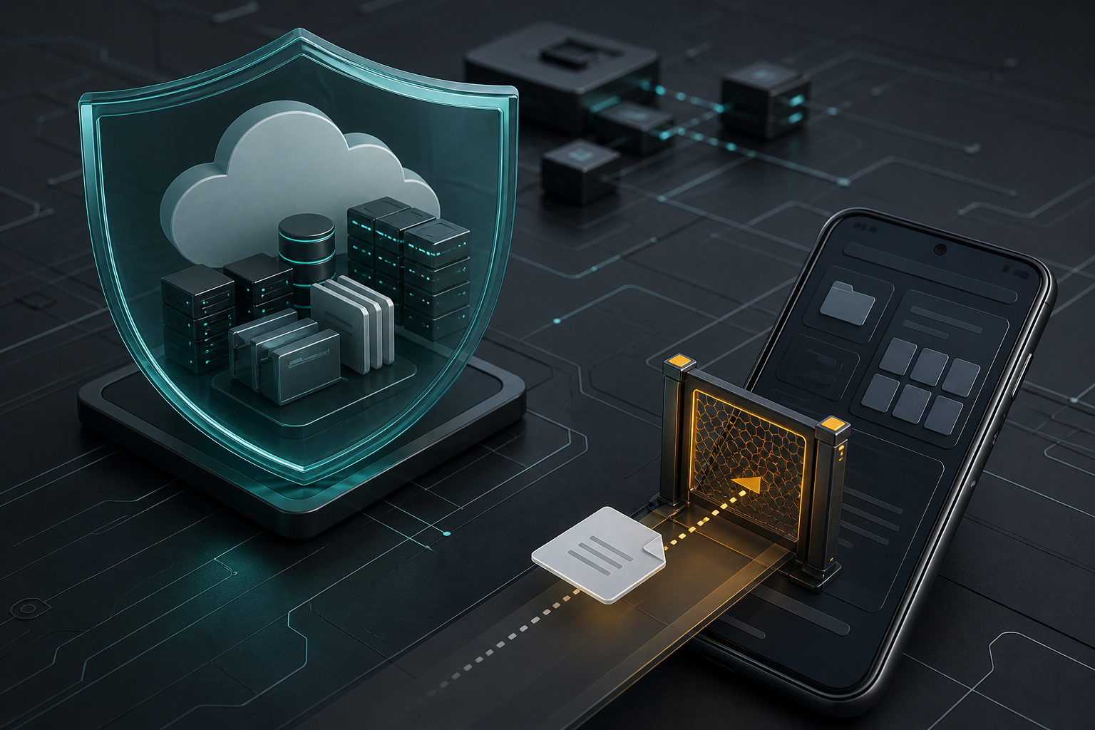 A protected cloud collaboration service separated from a mobile phone where a file card is stopped at an application update gate