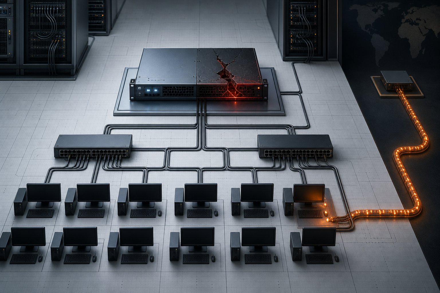 A neutral remote management server branching to managed endpoints while a separate tunnel path is isolated for investigation
