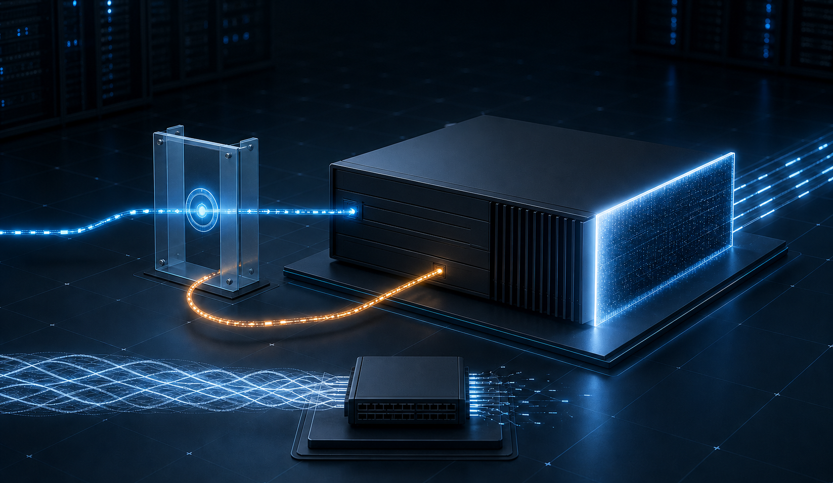 A blue authentication path passes through a glass identity checkpoint into a neutral network gateway while an amber alternate path curves around the checkpoint, with a separate SIP traffic module and a bright verified firmware boundary