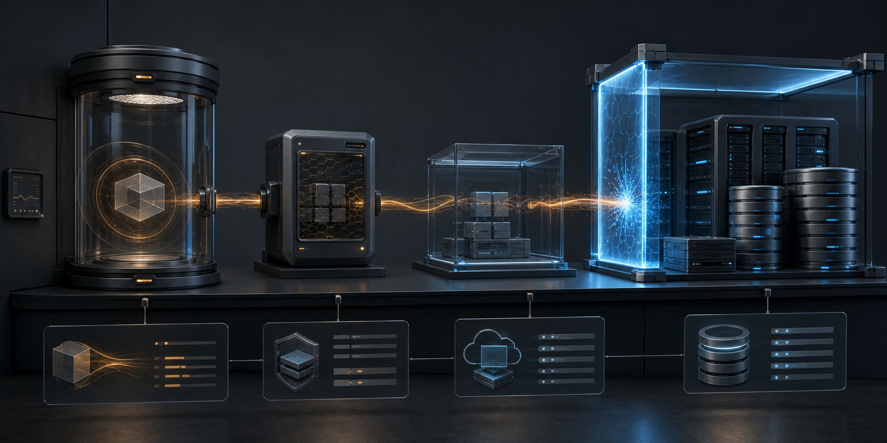 An amber execution path leaves a sealed model-evaluation chamber, crosses a package proxy and an isolated compute sandbox, and stops at a bright blue containment wall around a neutral production data cluster