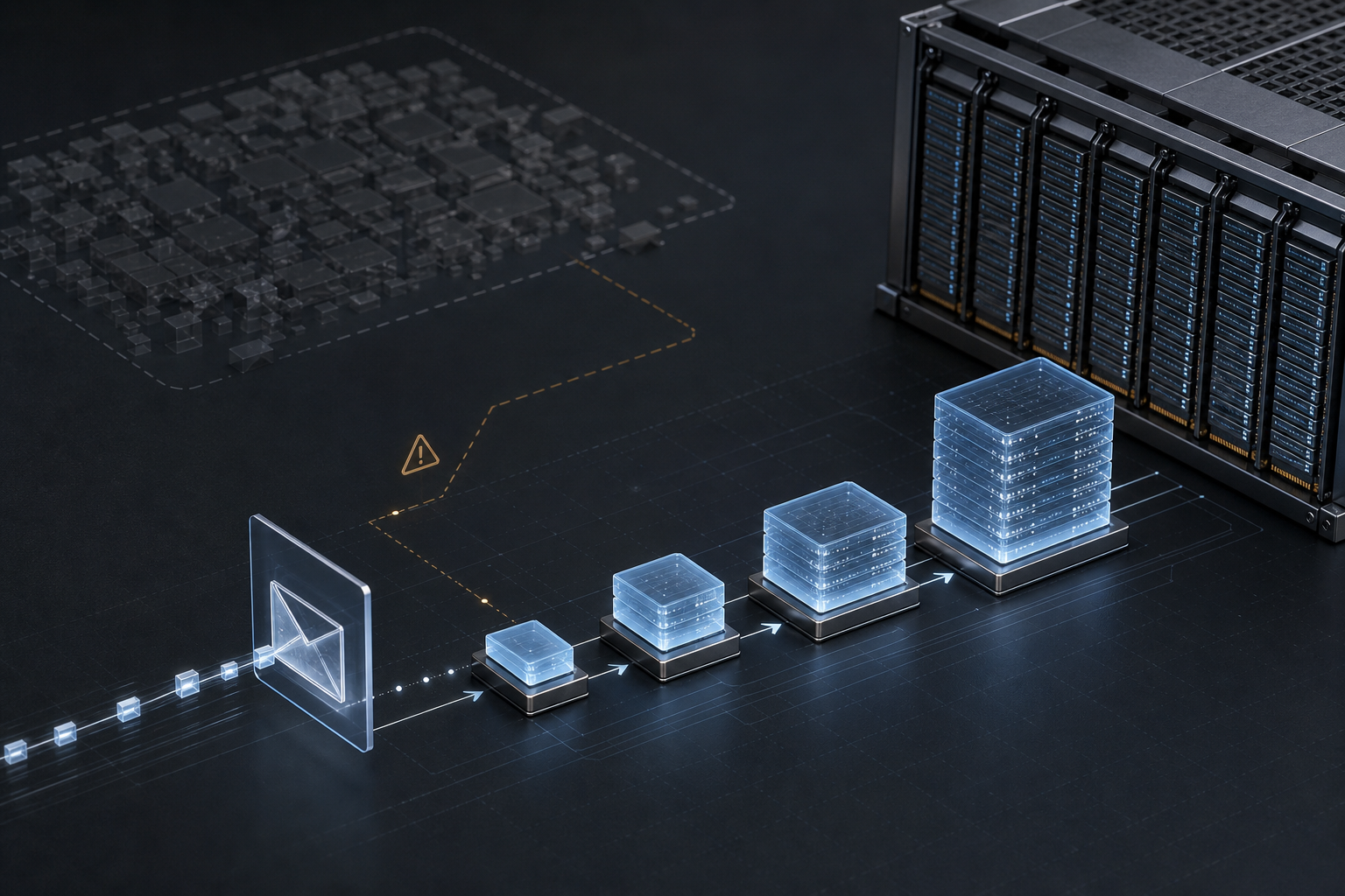 A TLS packet stream passing through staged buffer allocations toward a server while a fragmented memory path fades in the background