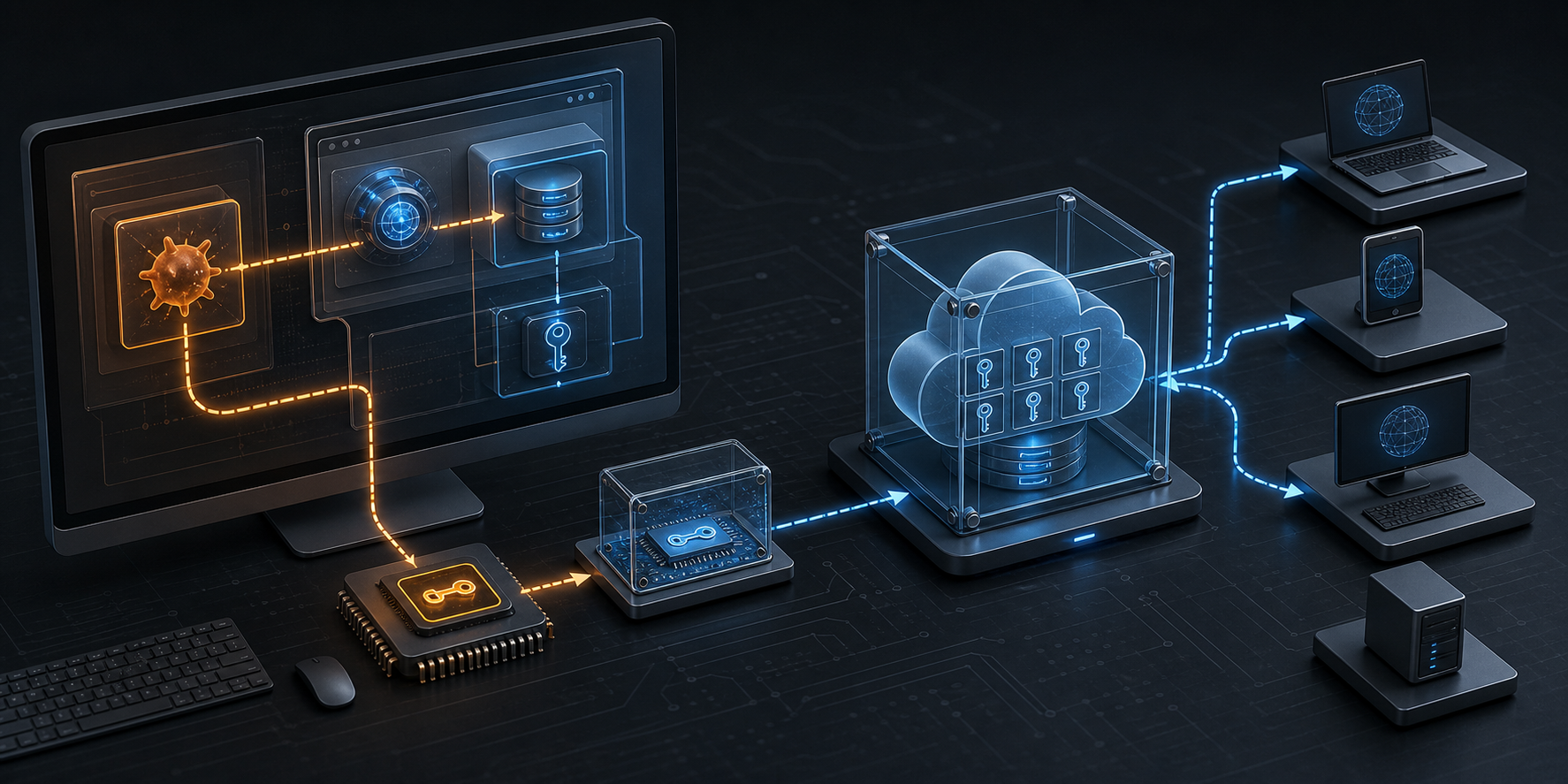 A brand-neutral compromised desktop endpoint exposing an amber browser-state and master-key path while blue hardware-backed and cloud passkey boundaries remain intact