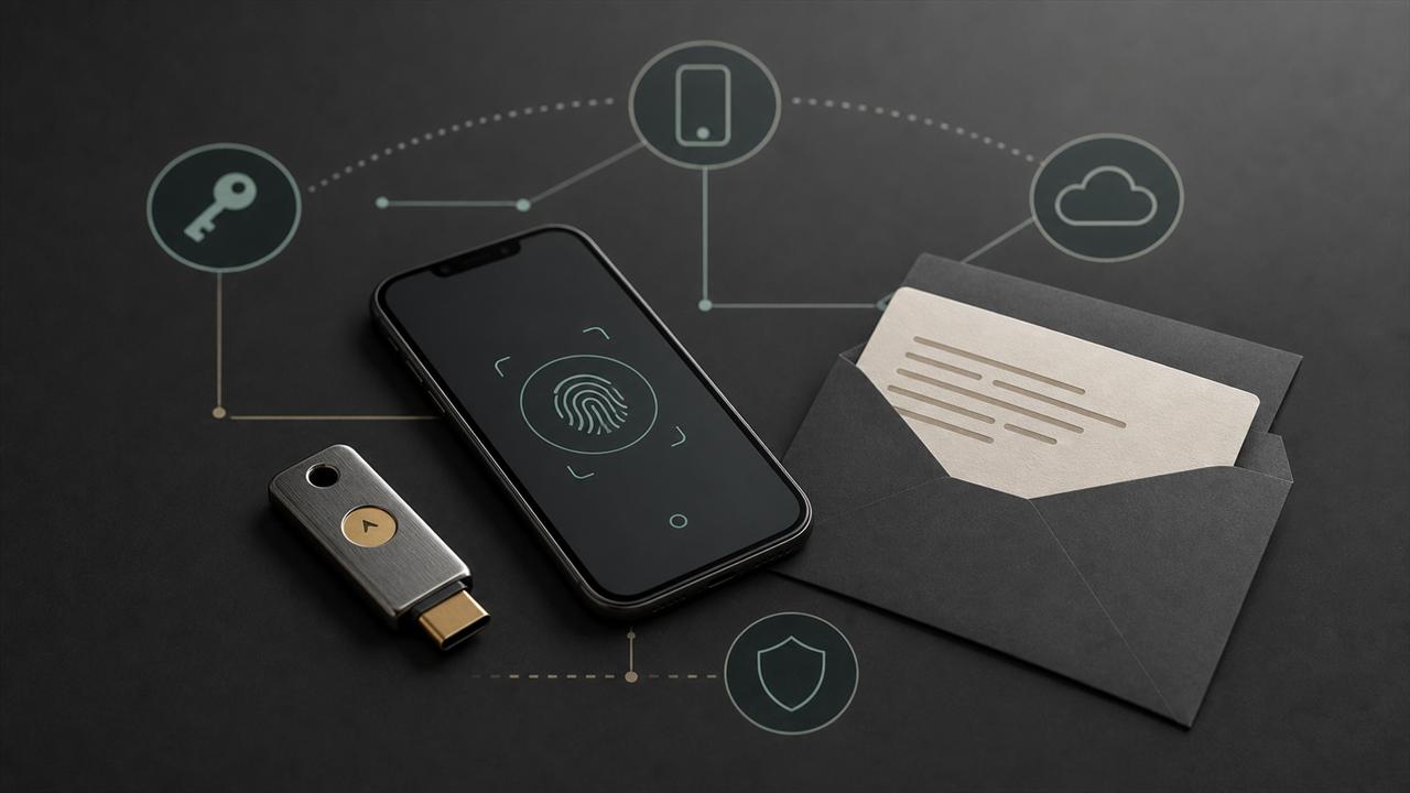 A hardware security key, phone biometric prompt, cloud sync icon, and recovery envelope arranged as an account security workflow