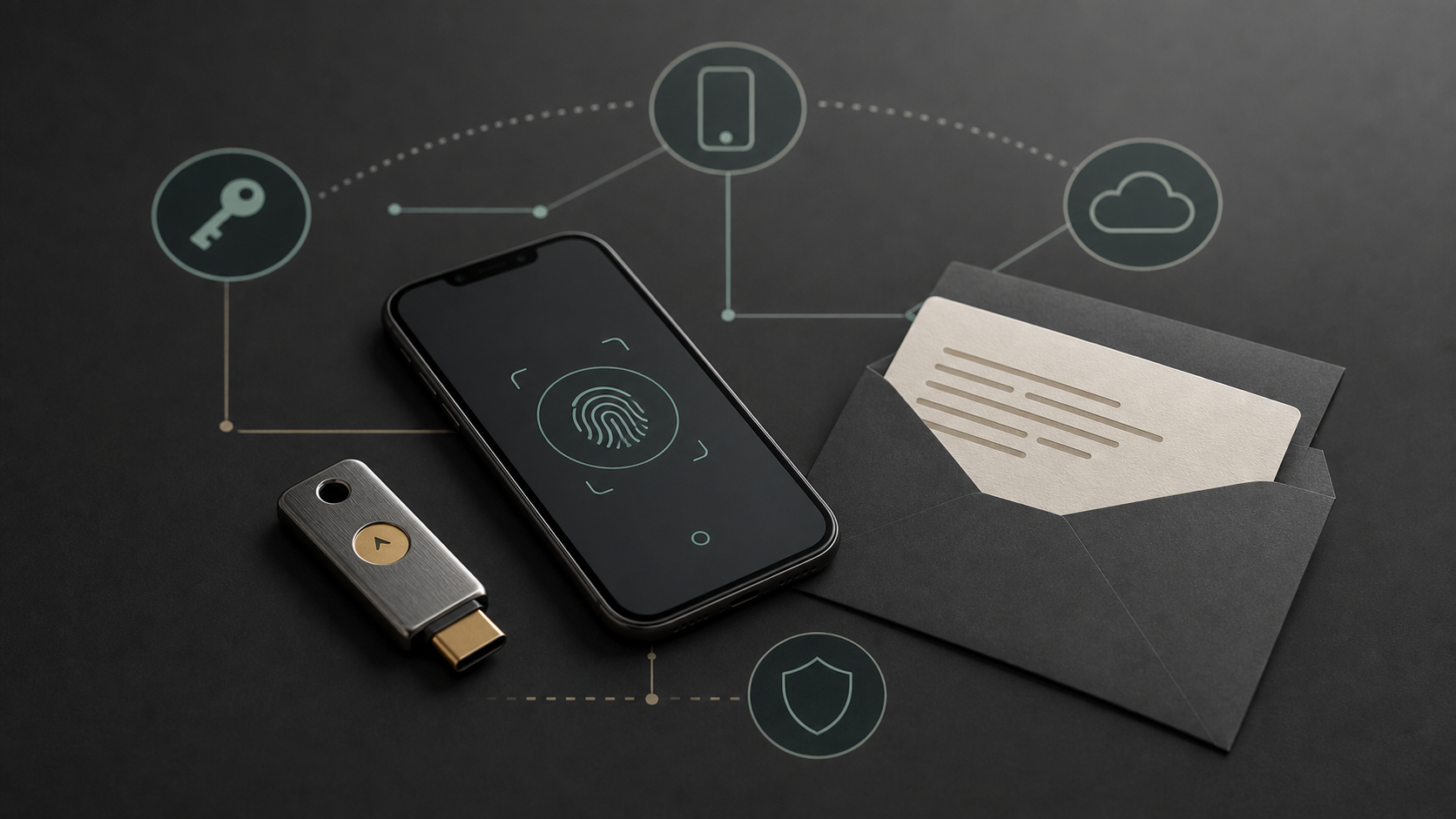 A hardware security key, phone biometric prompt, cloud sync icon, and recovery envelope arranged as an account security workflow
