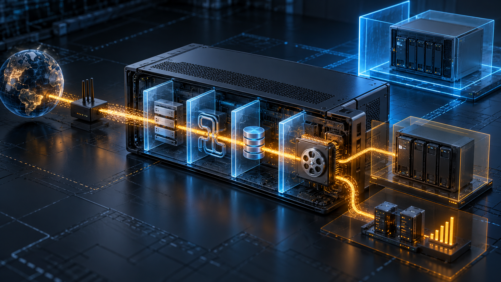 An amber path from the public internet crosses four blue security chambers inside a media server, then branches toward proxy and compute workloads while a clean replacement server remains isolated behind a bright blue barrier